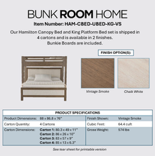 Load image into Gallery viewer, Hamilton XL Twin Canopy Bed with Upholstered King Platform Bed in Vintage Smoke Finish