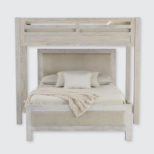 Hamilton XL Twin Canopy Bed with Upholstered Queen Platform Bed in Chalk White Finish