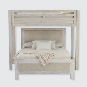 Hamilton XL Twin Canopy Bed with Upholstered Queen Platform Bed in Chalk White Finish